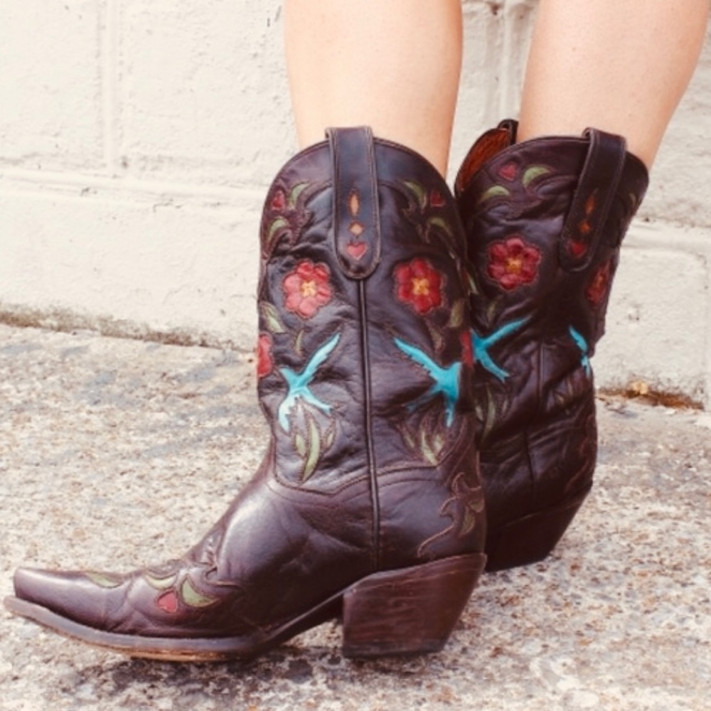 Dan Post Chestnut Brown Distressed Leather Birds & Red Flowers Western Boots